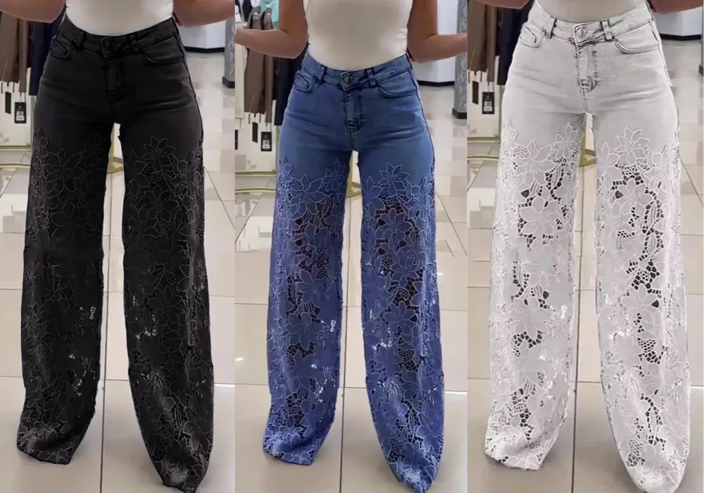 Kit 3 Calças Jeans Bethania™ com Renda Artesanal Floral