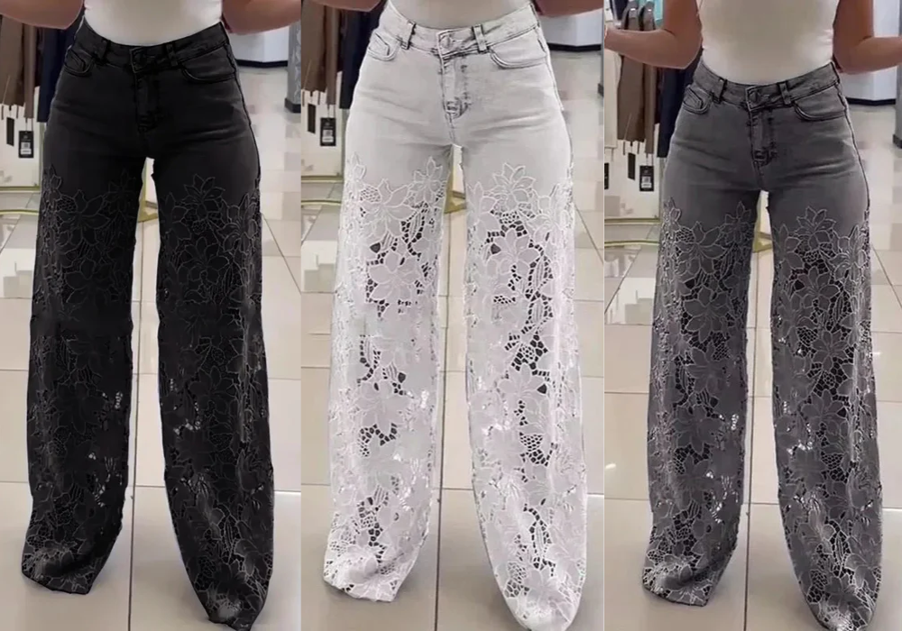 Kit 3 Calças Jeans Bethania™ com Renda Artesanal Floral