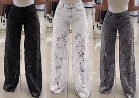 Kit 3 Calças Jeans Bethania™ com Renda Artesanal Floral