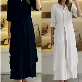Kit 2 Conjuntos Clara | Chemise Longa + Calça Pantalona em Linho Premium