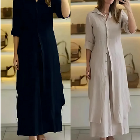 Kit 2 Conjuntos Clara | Chemise Longa + Calça Pantalona em Linho Premium