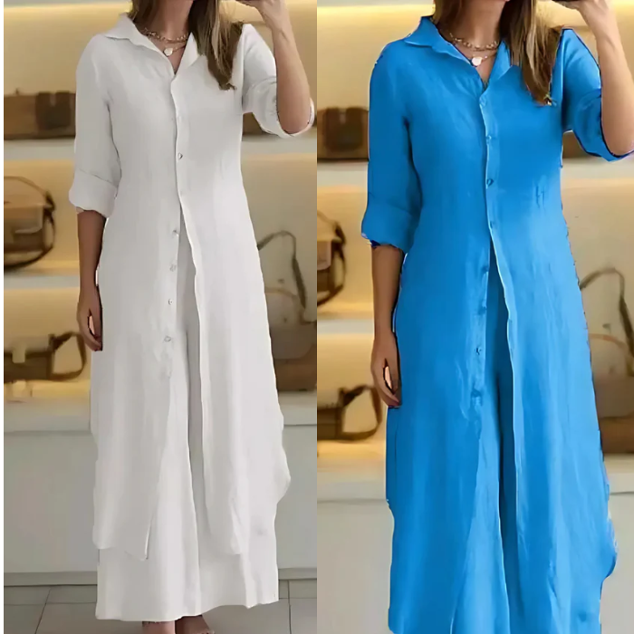 Kit 2 Conjuntos Clara | Chemise Longa + Calça Pantalona em Linho Premium