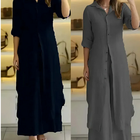 Kit 2 Conjuntos Clara | Chemise Longa + Calça Pantalona em Linho Premium