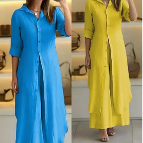 Kit 2 Conjuntos Clara | Chemise Longa + Calça Pantalona em Linho Premium