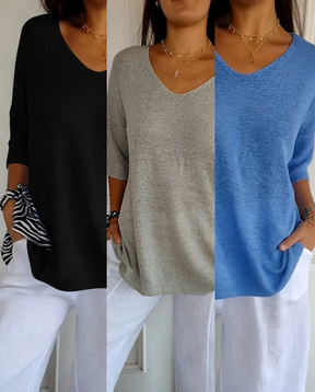 Kit 3 Blusas Luna® em Malha Leve – Decote V Elegante