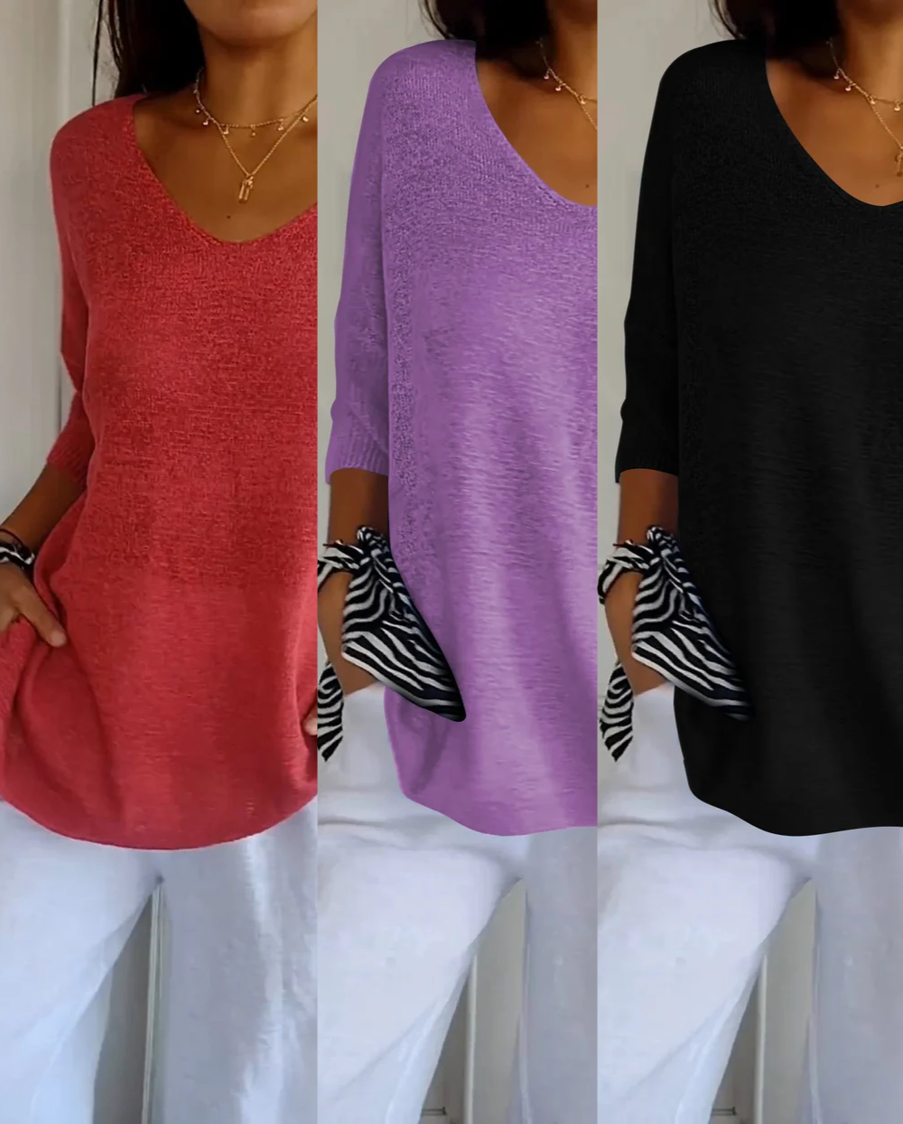 Kit 3 Blusas Luna® em Malha Leve – Decote V Elegante