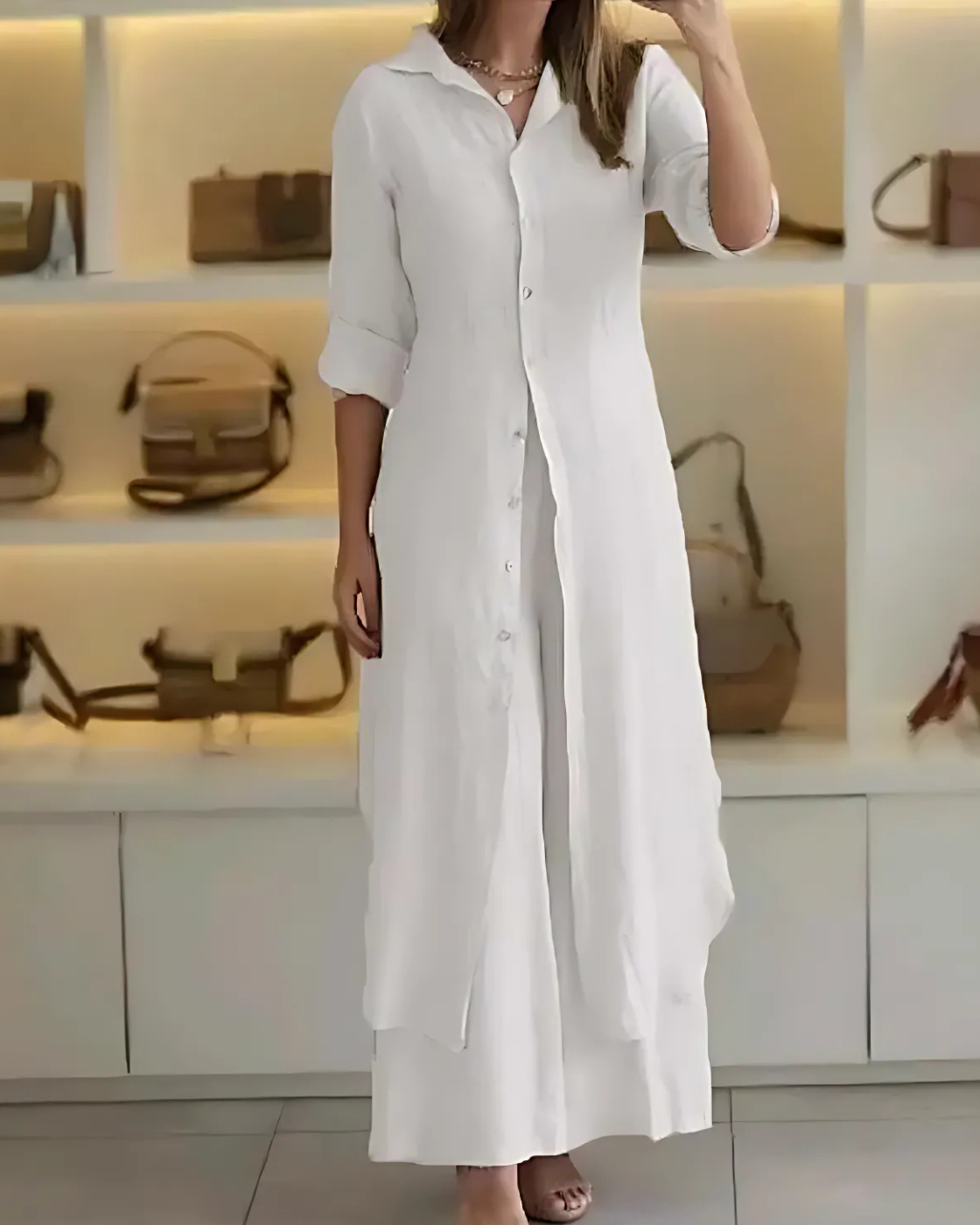 Kit 2 Conjuntos Clara | Chemise Longa + Calça Pantalona em Linho Premium