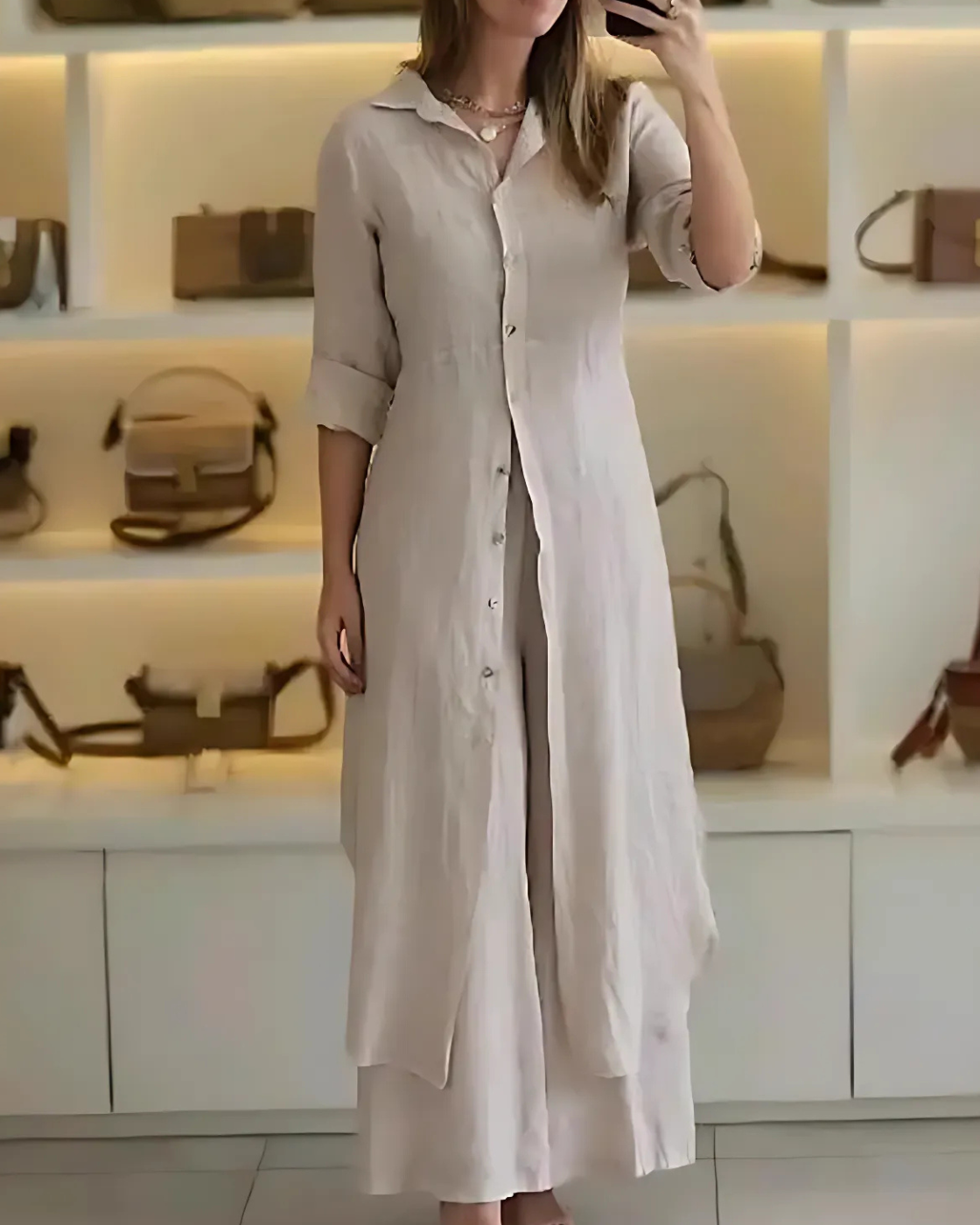 Kit 2 Conjuntos Clara | Chemise Longa + Calça Pantalona em Linho Premium