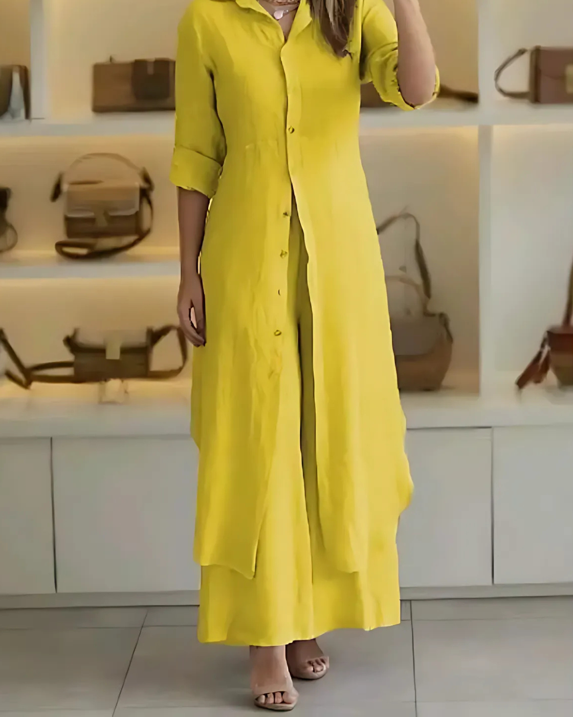 Kit 2 Conjuntos Clara | Chemise Longa + Calça Pantalona em Linho Premium