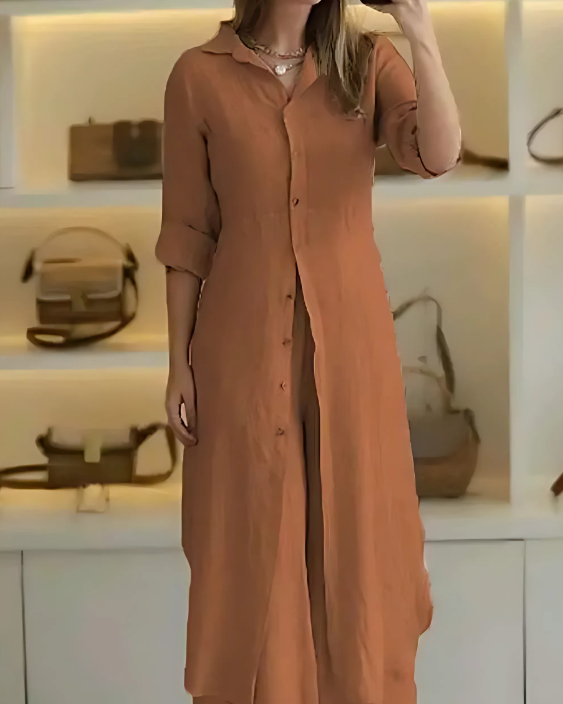Kit 2 Conjuntos Clara | Chemise Longa + Calça Pantalona em Linho Premium