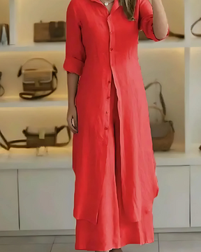 Kit 2 Conjuntos Clara | Chemise Longa + Calça Pantalona em Linho Premium