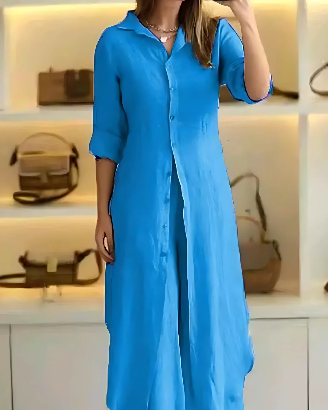 Kit 2 Conjuntos Clara | Chemise Longa + Calça Pantalona em Linho Premium