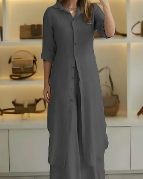 Kit 2 Conjuntos Clara | Chemise Longa + Calça Pantalona em Linho Premium